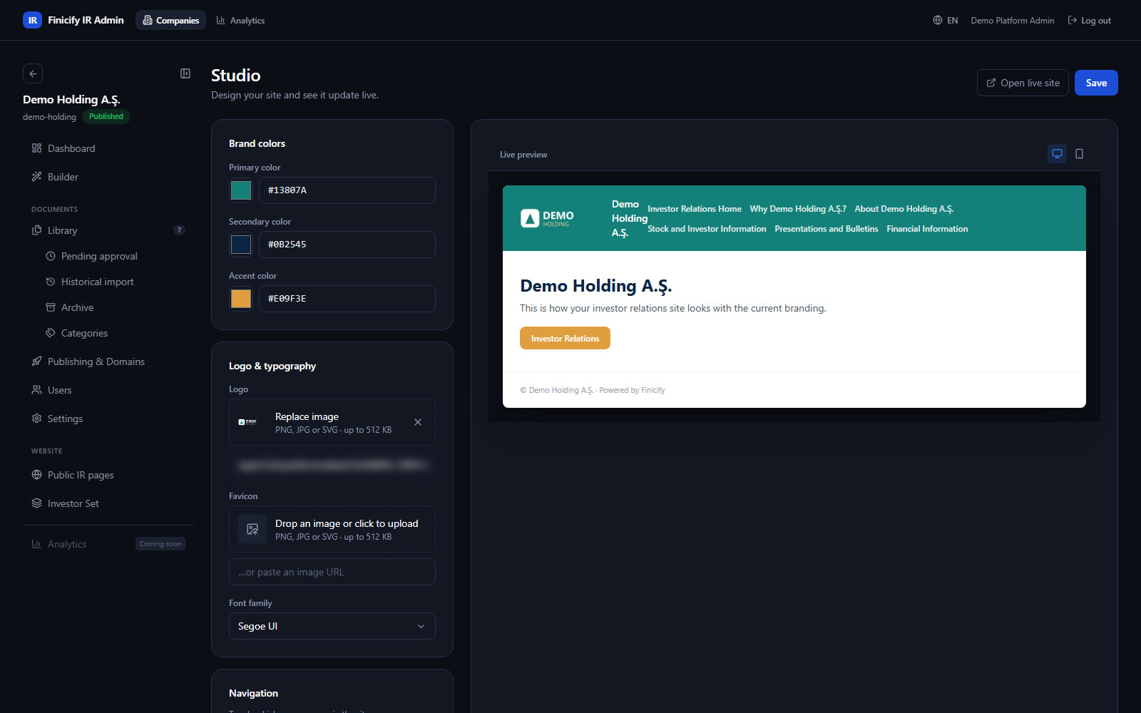 Investor relations website platform for Finicify — screenshot 5